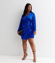 New Look Curves Bright Blue Satin Shawl Collar Mini Wrap Dress